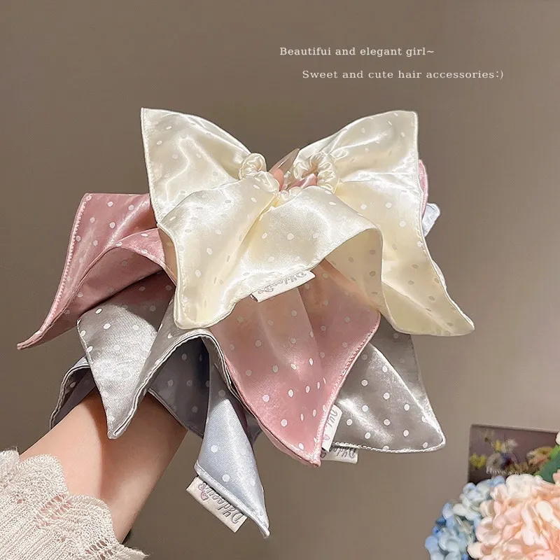Lazy Style Blue Satin Polka Dot Square Scarf Scrunchie for Women – Korean Minimalist Hair Tie, Oversized Square Hair Rope, Elegant Hair Accessory